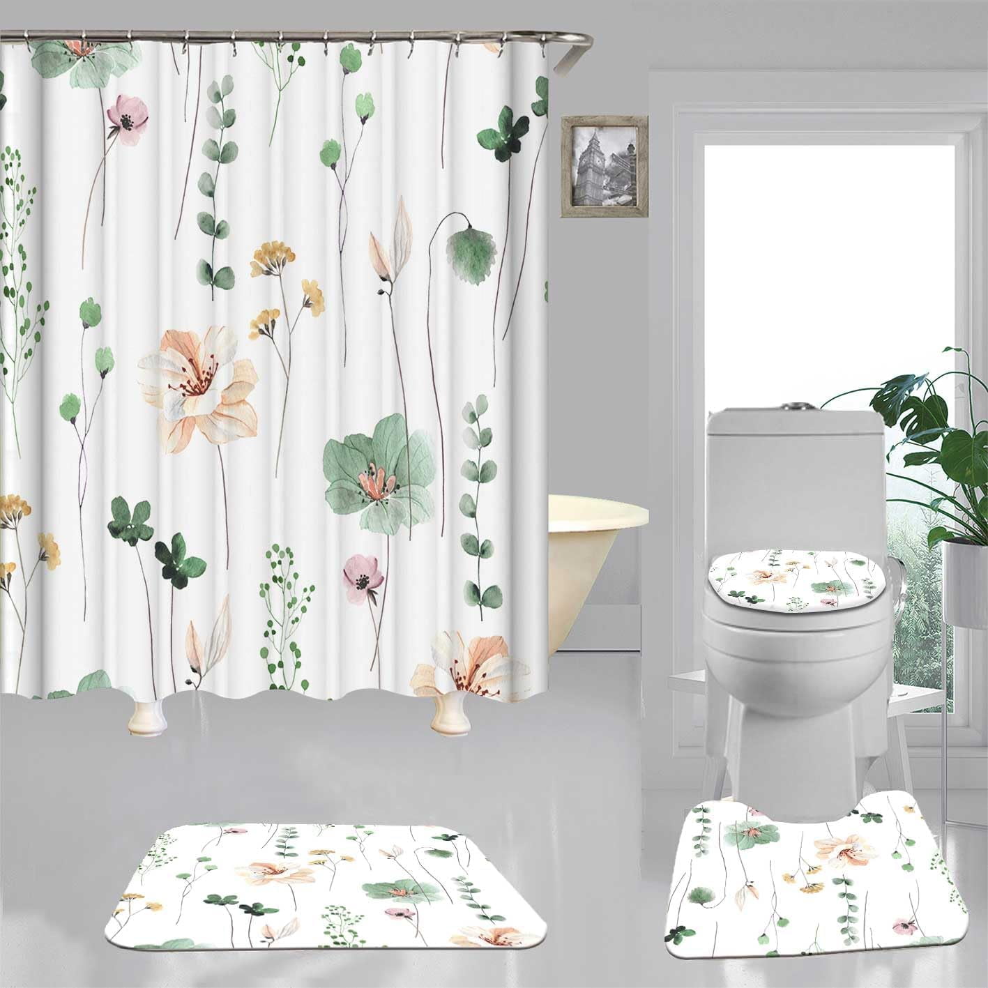 4PCS Floral Shower Curtain Sets With Rugs, Waterproof Fabric Shower ...