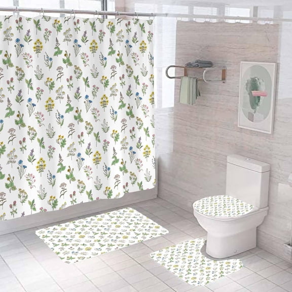 4PCS Floral Shower Curtain Sets with Rugs, Waterproof Fabric White Shower Curtain, Spring Pink Flower Rose Plant Botanical Leaves Leaf Modern Aesthetic Country Rustic Farmhouse Bathroom Decor