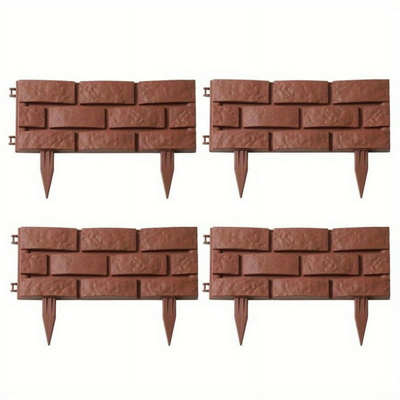 4PCS Flower Bed Edging Plastic Garden Fence DIY Edging Stones Brick Effect Lawn Edging Flower Bed Plant Border Brown Landscaping