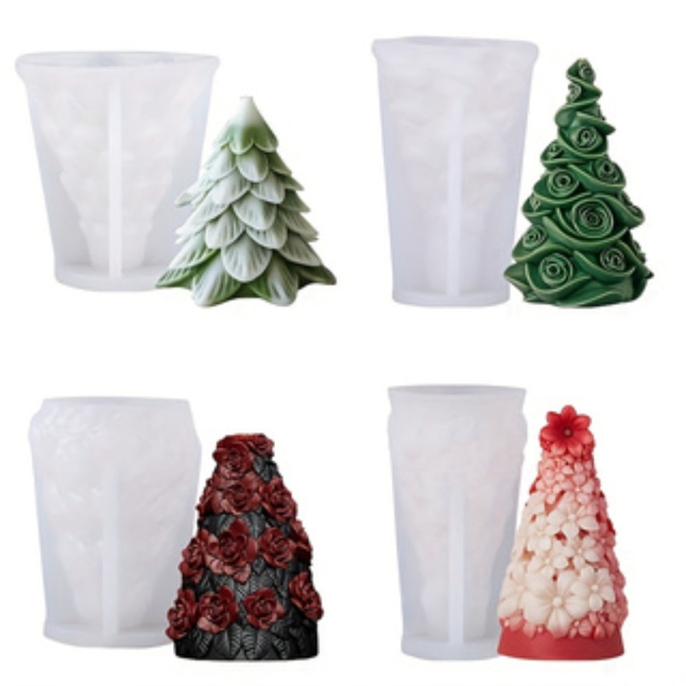 4PCS Flower Christmas Tree Scented Candle Silicone Molds - 3D Wax Molds for DIY Candle Making, Epoxy Resin Molds for Soap Art Crafts Cakes Chocolate Home Decoration, Christmas Gifts