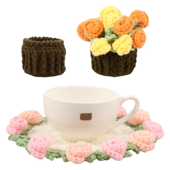 4PCS Flower Crochet Coasters, Handmade Bouquet Blanket Coaster with Crochet Plant Pot Fun Soft Decorative Drink Coasters for Coffee Tabletop Protection and Home Decor (Yellow,Pink)