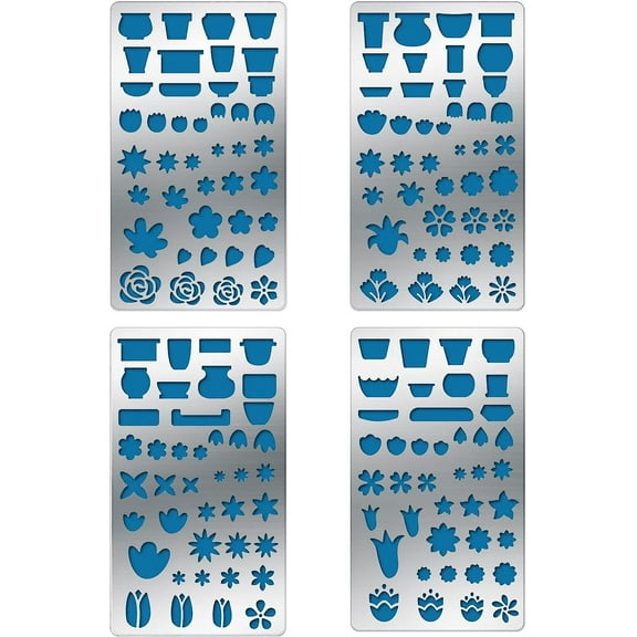 4PCS Flower Pattern Metal Stencils Flower Pot Illustration Stencil Template for Wood Carving Drawings and Woodburning Engraving and Scrapbooking Project