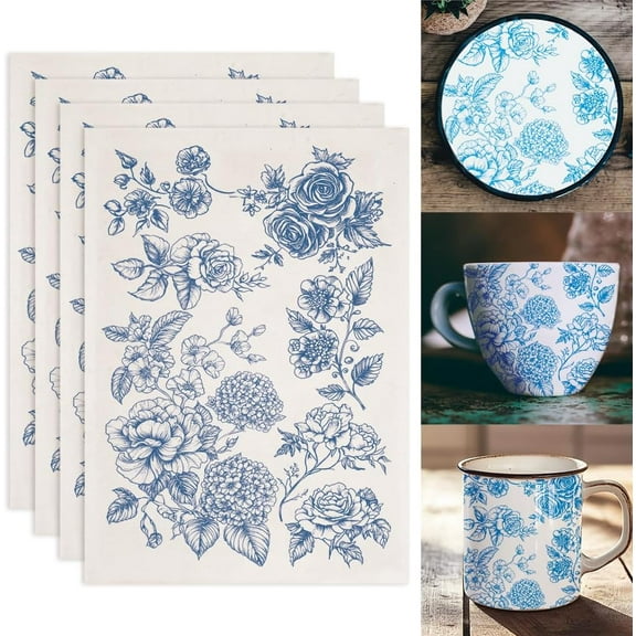4PCS Flowers Underglaze Transfers DIY for Pottery Peony Hydrangea Trumpet Transfer Stickers Ceramic Decals Ceramic Underglaze Transfers DIY for Pottery Overglaze Enamel Decal Waterslide Decal