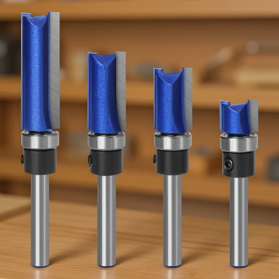 4PCS Flush Trim Router Bit Set, 1/4 Inch Shank, Carbide Tip, Top Bearing Pattern Template Bits, 4 Cutting Depths