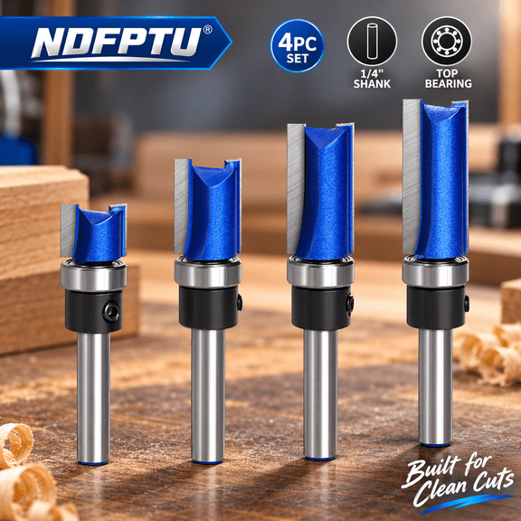 4PCS Flush Trim Router Bit Set 1/4 Inch Shank Top Bearing Pattern Template Router Bits 3/8 & 1/2 Inch Cutting Diameter Carbide Woodworking Bits for Wood MDF Plywood