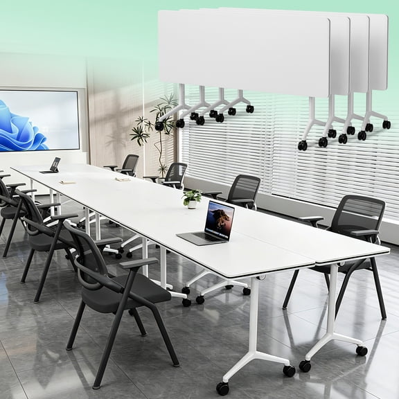 4PCS Folding Conference Table with Wheels, 4 Feet Flip Top Training Room Tables, Modular Meeting Table for 2-17 person, Modern Conference Room Tables for School Office Library, White