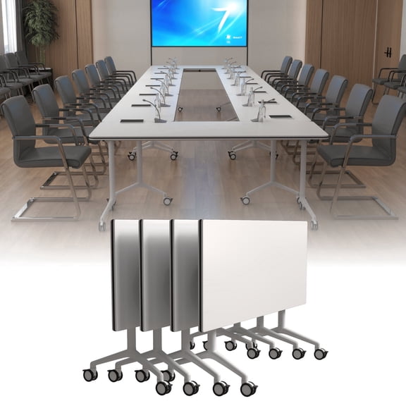 4PCS Folding Conference Table with Wheels 47.2in White, Foldable Mobile Training Tables for Office Classroom