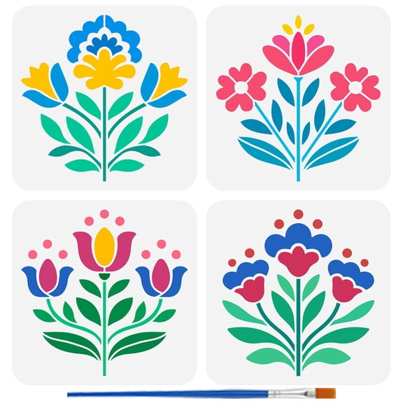 4PCS Folk Flowers Stencils with Brush 7.9x7.9inch Reusable Folk Art Flowers Design Template Folk Themes Stencil