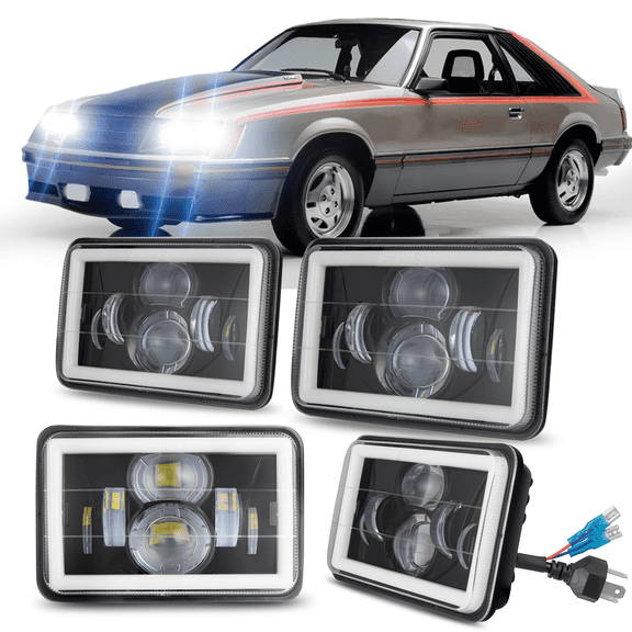 4PCS For Ford Mustang 1979-1986 4x6 Inch LED Headlights High Low Beam H4651+H4656 Combo