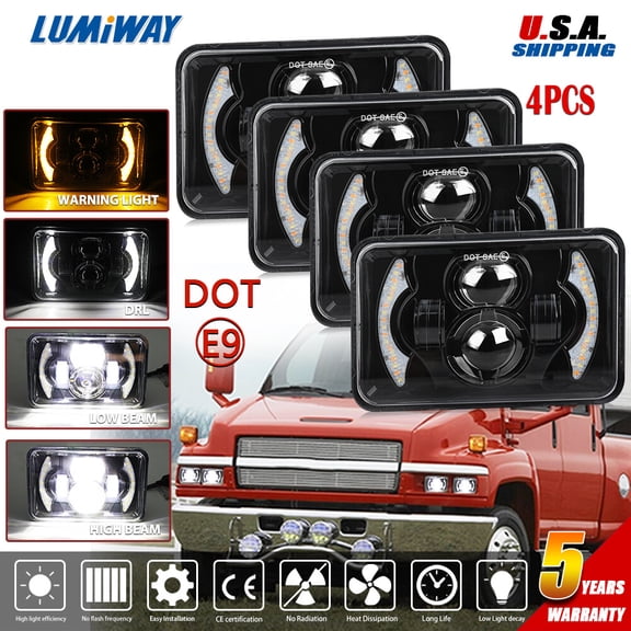 4PCS For GMC C4500 C5500 Topkick 2003-2009 DOT 4x6" LED Headlights Hi/Lo Beam H4