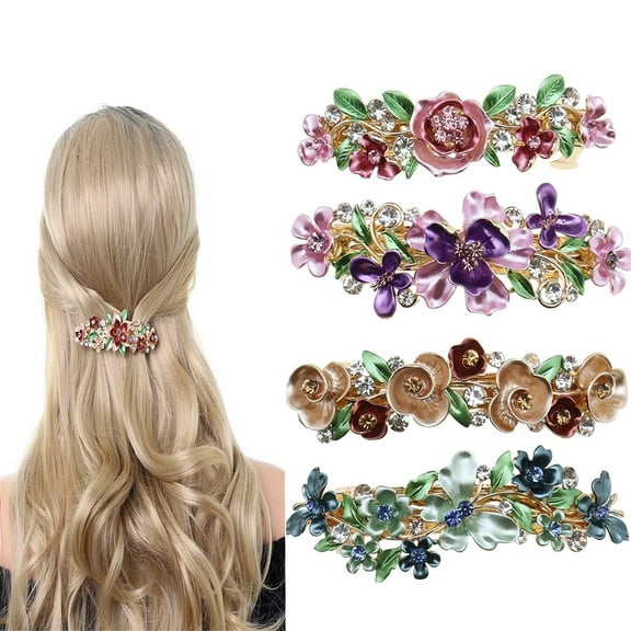 4PCS French Flower Hair Barrettes,Tutuviw Colorful Vintage Flower Design Metal Hair Clip for Women Girls Decorative Rhinestone Crystal Metal Flower French Hairpin for Thick Thin Hair