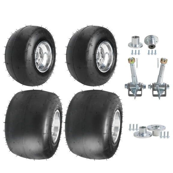 4PCS Front 10x4.50-5 Rear 11x7.10-5 Go Kart Racing Tires - 5 Inch Tubeless Wheels with 3 Stud Hubs and Steering Knuckle for Karting, ATV, Quad, Buggy, Go Kart, Mini Bike, Drift Trike Racer Slick Tire