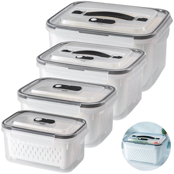 4PCS Fruit Storage Containers for Fridge, 13/29/63/112 oz Airtight Food Containers with Removable Colander, Fridge Food Keepers with Vent Holes, Handle, and Dividers for Produce, Vegetable