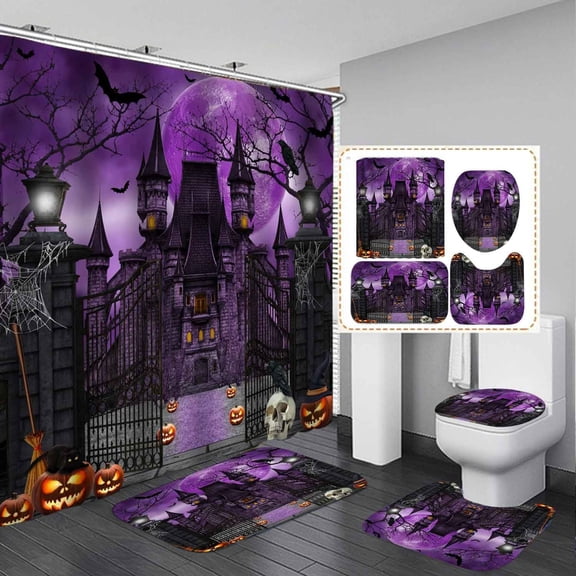 4PCS Funny Black Cat Halloween Shower Curtain Set, Waterproof Fabric Shower Curtain, Non-Slip Bath Mat Bathroom Rugs, Gold Moon Pumpkin Castle Ghost Spider Crow Dead Tree Bat Bathroom Decor