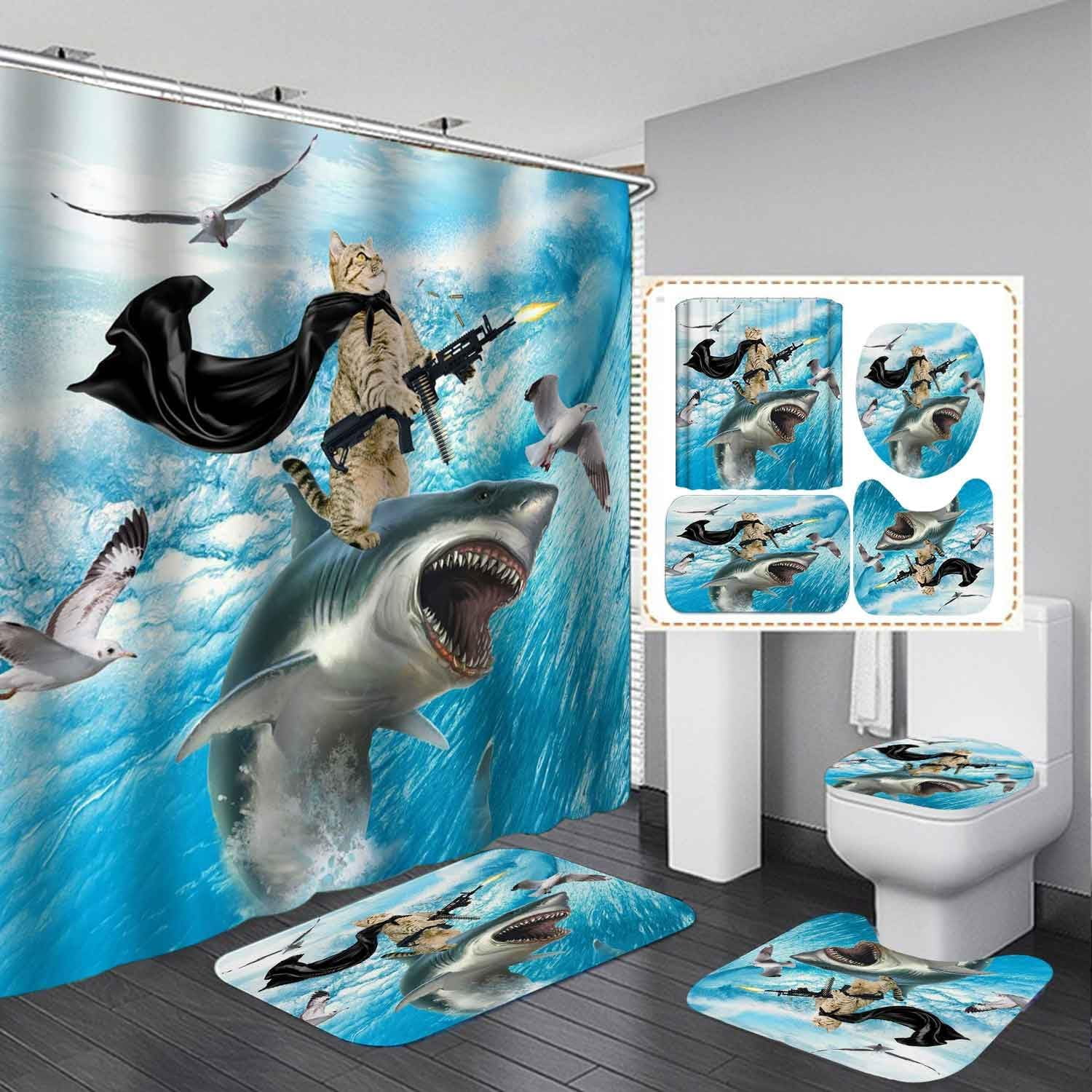 4PCS Funny Black Cat Shower Curtain Sets with Rugs, Waterproof White
