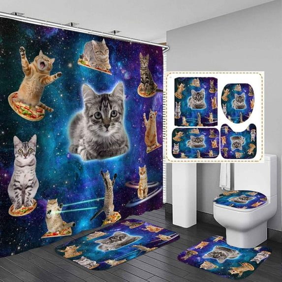 4PCS Funny Cat Shower Curtain Set, Waterproof Fabric Shower Curtain, Non-Slip Bath Mat Toilet Rug, Kitty Kitten Riding Shark Blue Ocean Sea Wave Seagull Nautical Hilarious Kids Bathroom Decor