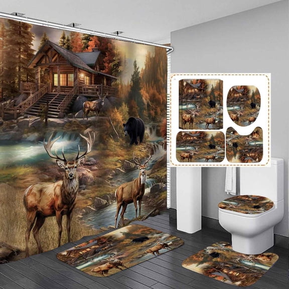 4PCS Funny Deer Shower Curtain Set, Waterproof Fabric Grey Shower Curtain, Non-Slip Bath Mat Bathroom Rugs, Fun Animal Wildlife Elk Moose Reading Newspaper Modern Teen Boys Men Bathroom Decor