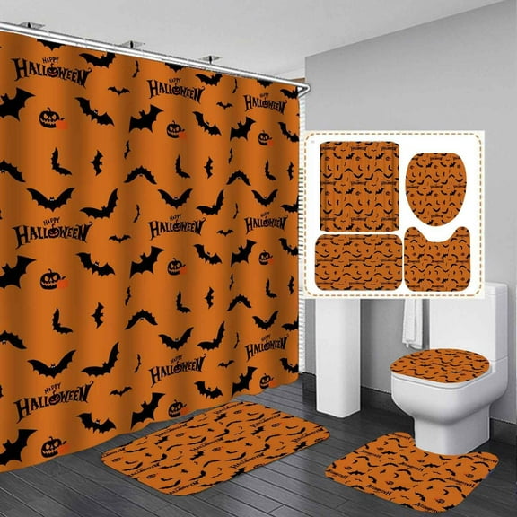 4PCS Funny Dinosaur Halloween Shower Curtain Sets with Rugs, Waterproof White Fabric Shower Curtain, Cartoon Colorful Dino Ghost Pumpkin Spider Web Bat Teen Boys Girls Kids Bathroom Decor