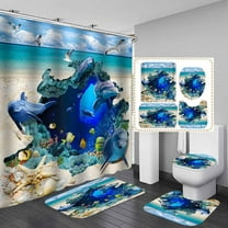 4PCS Funny Dolphin Shower Curtain Sets with Rugs, Waterproof Fabric Shower Curtain, Underwater World Tropical Fish Sea Animal Marine Life Blue Ocean Coral Seaweed Bubble Kids Bathroom Decor