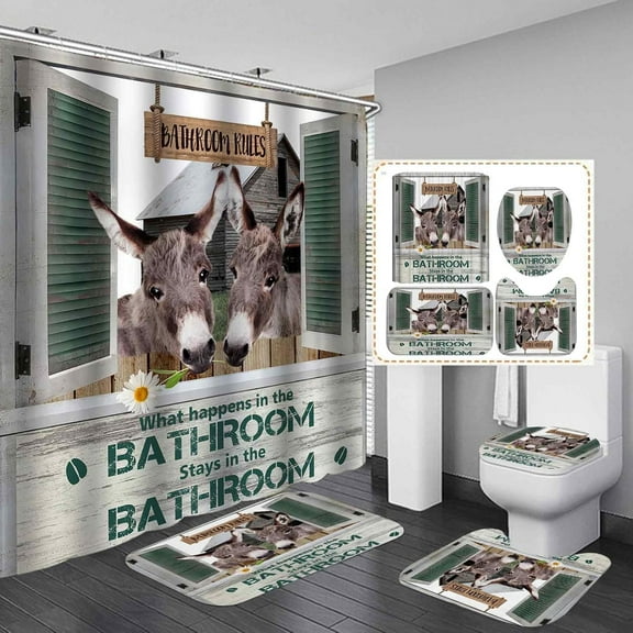 4PCS Funny Donkey Shower Curtain Set, Bathroom Rules White Daisy Floral Farm Animal Barn Country Rustic Farmhouse Bathroom Decor, Waterproof Fabric Shower Curtain, Non-Slip Bath Mat Toilet Rug