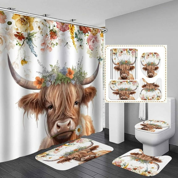 4PCS Funny Highland Cow Shower Curtain Set, Cattle Bull Western Wildlife Country Rustic Farmhouse Bathroom Decor, Waterproof Fabric Shower Curtain, Non-slip Bath Mat, Highland Cow Gifts