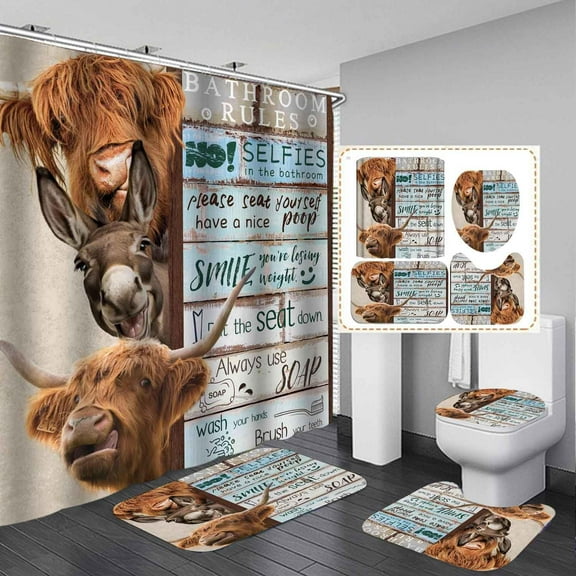 4PCS Funny Highland Cow Shower Curtain Set, Waterproof White Fabric Shower Curtain, Non-Slip Bath Mat Bathroom Rugs Sunflower Floral Farm Animal Western Country Rustic Farmhouse Bathroom Decor