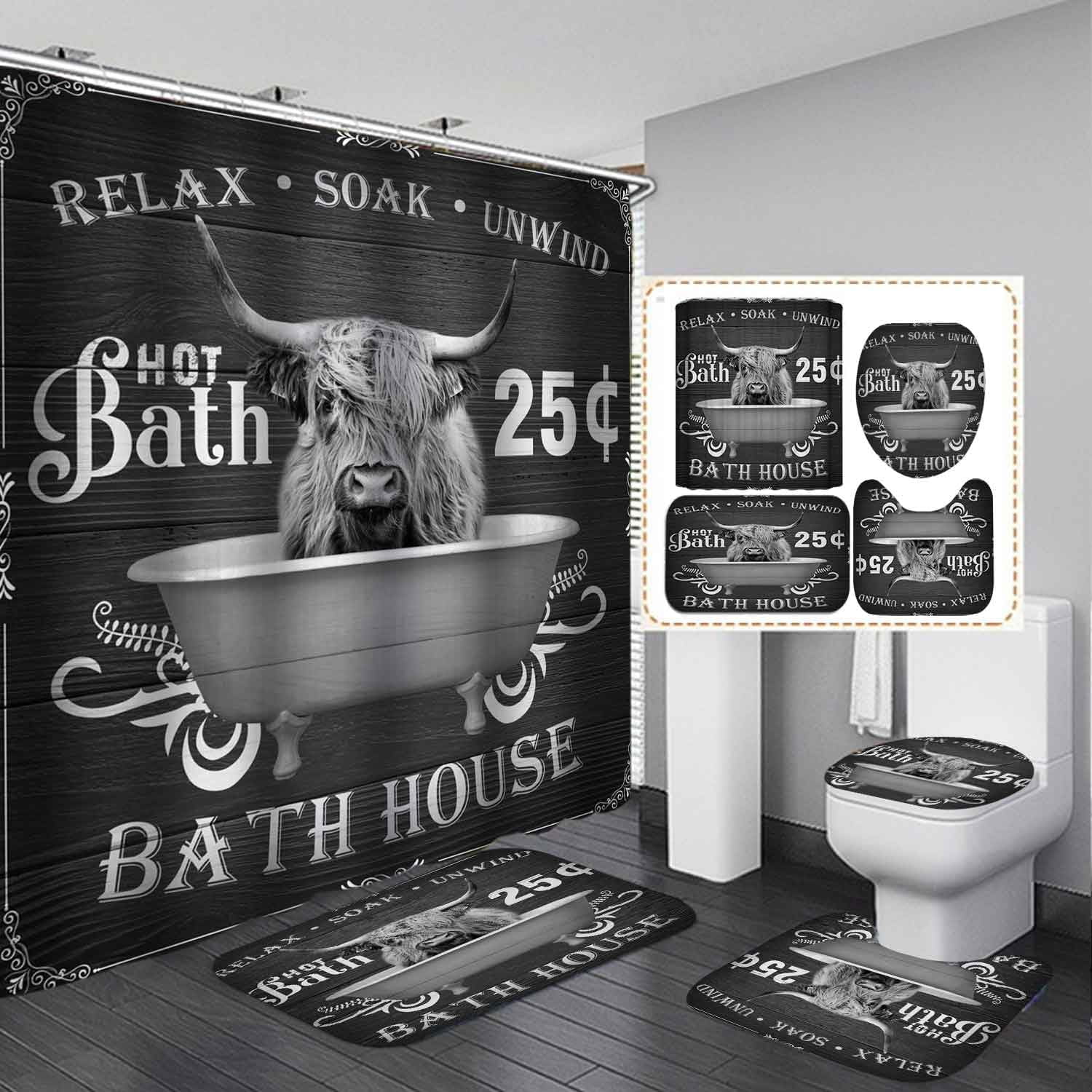 4PCS Funny Highland Cow Shower Curtain Set, Waterproof White Fabric Shower Curtain, Non-Slip Bath Mat Bathroom Rugs Sunflower Floral Farm Animal Western Country Rustic Farmhouse Bathroom Decor