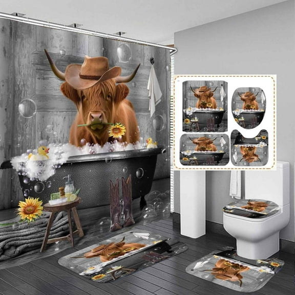 4PCS Funny Highland Cow Shower Curtain Set, Waterproof White Fabric Shower Curtain, Non-Slip Bath Mat Bathroom Rugs Sunflower Floral Farm Animal Western Country Rustic Farmhouse Bathroom Decor