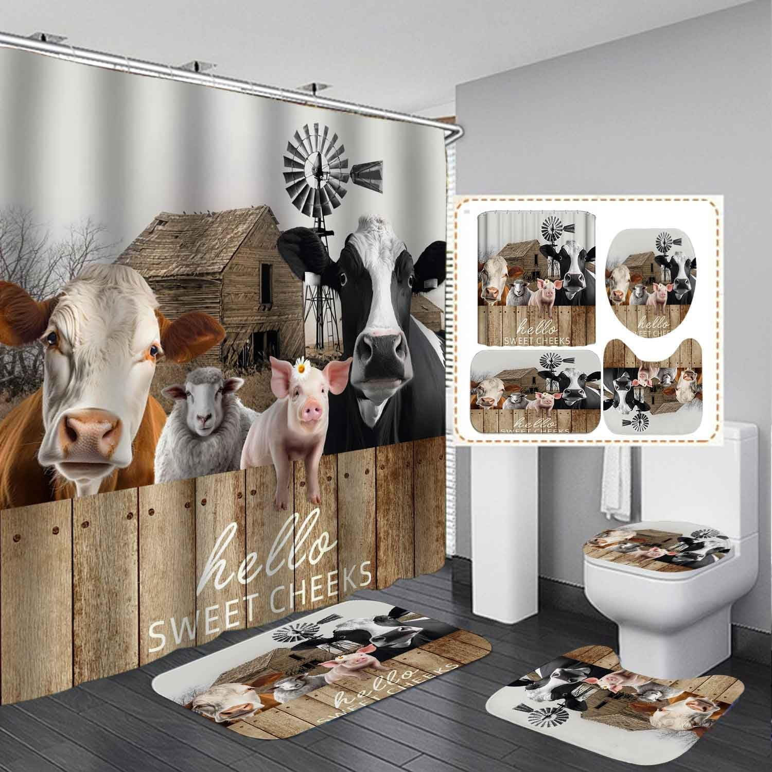 4PCS Funny Highland Cow Shower Curtain Set, Waterproof White Fabric Shower Curtain, Non-Slip Bath Mat Bathroom Rugs Sunflower Floral Farm Animal Western Country Rustic Farmhouse Bathroom Decor