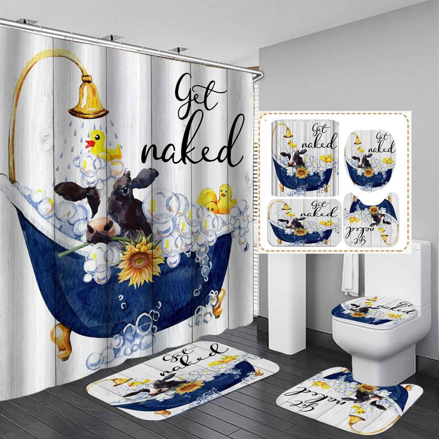 4PCS Funny Highland Cow Shower Curtain Set, Waterproof White Fabric Shower Curtain, Non-Slip Bath Mat Bathroom Rugs Sunflower Floral Farm Animal Western Country Rustic Farmhouse Bathroom Decor