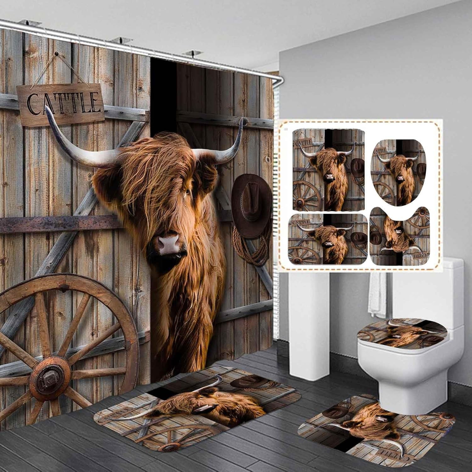 4PCS Funny Highland Cow Shower Curtain Set, Waterproof White Fabric Shower Curtain, Non-Slip Bath Mat Bathroom Rugs Sunflower Floral Farm Animal Western Country Rustic Farmhouse Bathroom Decor