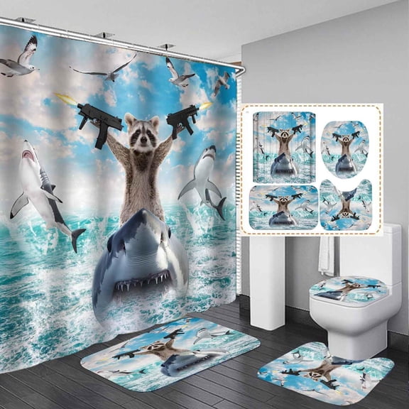 4PCS Funny Monkey Shower Curtain Sets with Rugs, Waterproof Fabric Grey Shower Curtain, Cool Hilarious Chimpanzee Black White Animal Wildlife Bathtub Red Wine Modern Boys Men Bathroom Decor