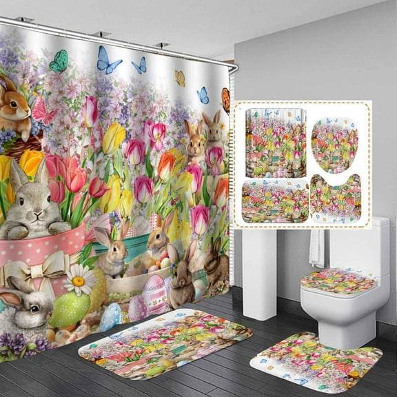 4PCS Funny Rabbit Gnomes Easter Shower Curtain Set, Waterproof Fabric Green Shower Curtain, Non-Slip Bath Mat Bathroom Rugs, Bunny Colorful Eggs Spring Wooden Board Farmhouse Bathroom Decor