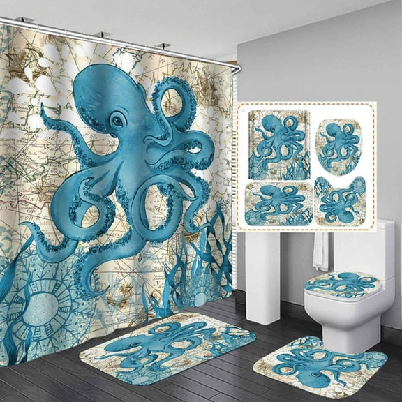 4PCS Funny Shark Shower Curtain Sets with Rugs, Waterproof Fabric Shower Curtain, Blue Ocean Red Starfish Fish Sea Animal Marine Life Colorful Coral Reef Beach Coastal Nautical Bathroom Decor