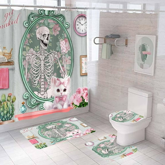 4PCS Funny Skull Shower Curtain Sets with Rugs, Get Naked Shower Curtain, Waterproof Fabric Shower Curtain, Pink Bow Cute Cat Kitten Vintage Floral Rose Gothic Skeleton Fashion Bathroom Decor