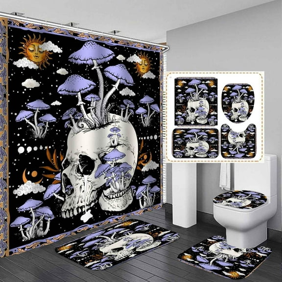 4PCS Funny Skull Skeleton Shower Curtain Sets with Rugs, Waterproof Fabric Black Shower Curtain, Gothic Spooky Cool Bone in Bathtub Get Naked Horror Halloween Cat Fish Men Boys Bathroom Decor
