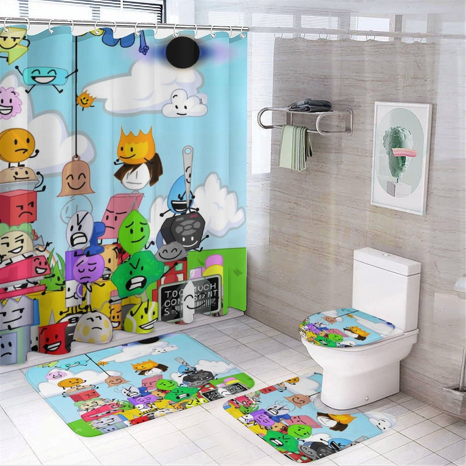 4PCS Game BFDI Battle For Dream Island Shower Curtain Sets Bathroom ...