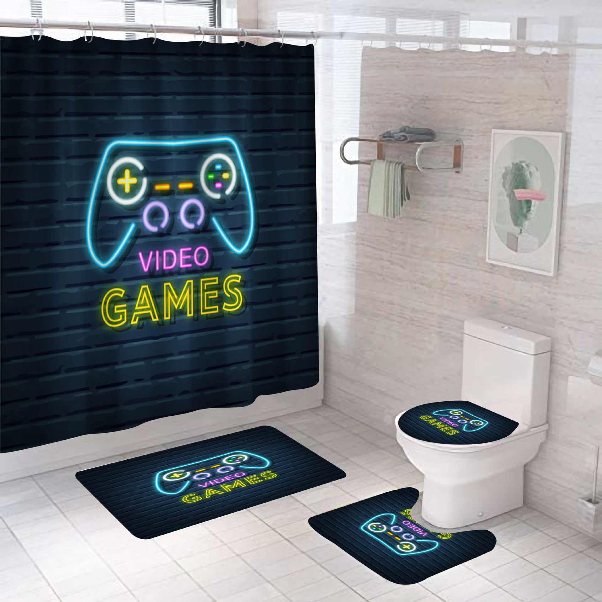 4PCS Gamer Shower Curtain Set,Gaming Bathroom Decor for Men Teenage