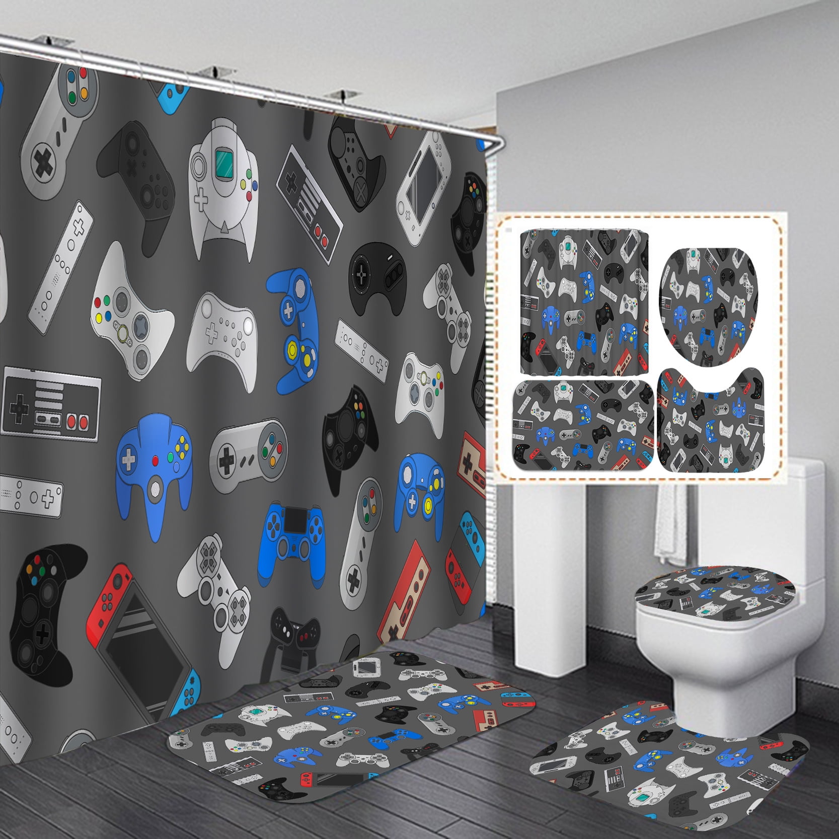 4PCS Gamer Shower Curtains for Bathroom, Gaming Shower Curtain for Boys