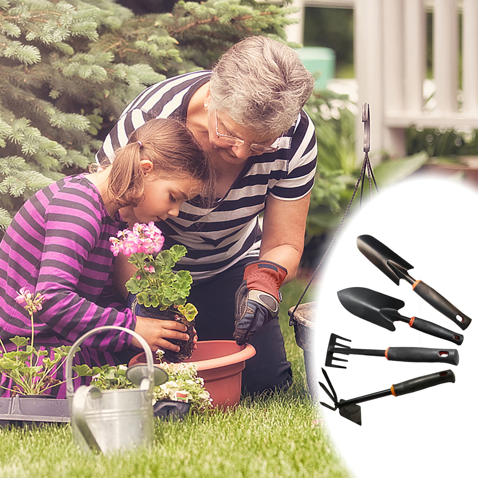 4PCS Garden Tools Set, Heavy Duty Gardening Kit with Ergonomic Rubber Handles, Includes Trowel, Transplanter, Hand Rake, and Hoe for Digging, Weeding, Planting & Outdoor Yard Work