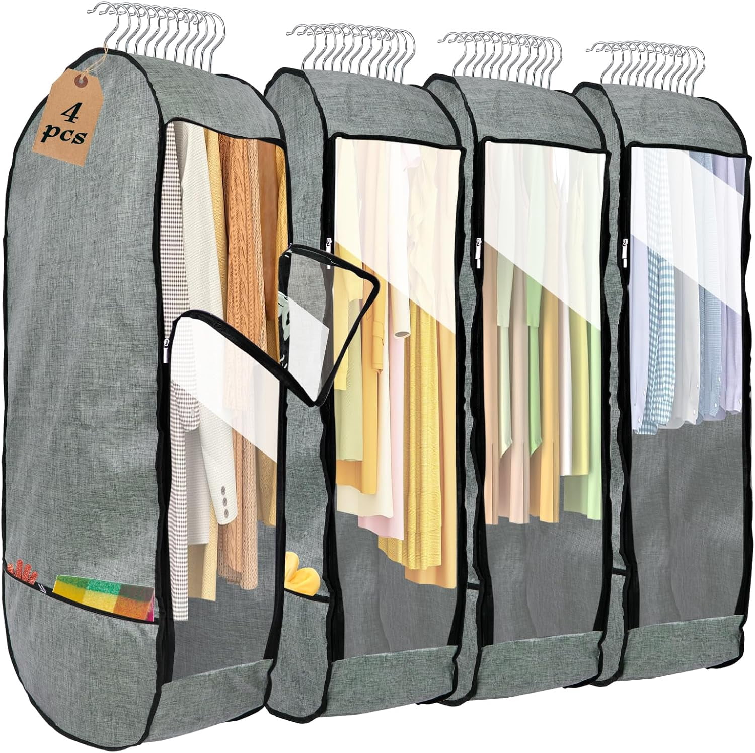 4PCS Garment Bags for Hanging Clothes, Large Breathable Garment Bag for Closet Storage with 10”Gusseted,Clear Clothing Storage Garment Cover for Dress Sweater with Double Zipper,Grey