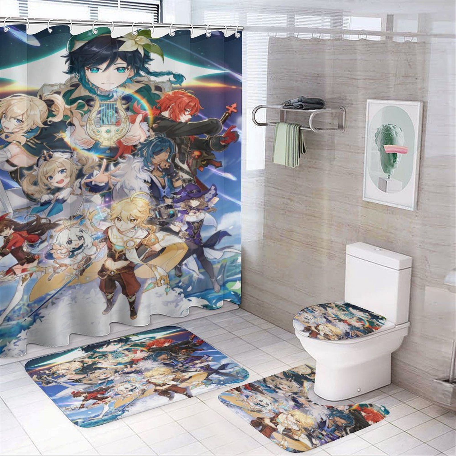 4PCS Genshin Impact Shower Curtain Set with NonSlip Rugs Toilet Lid