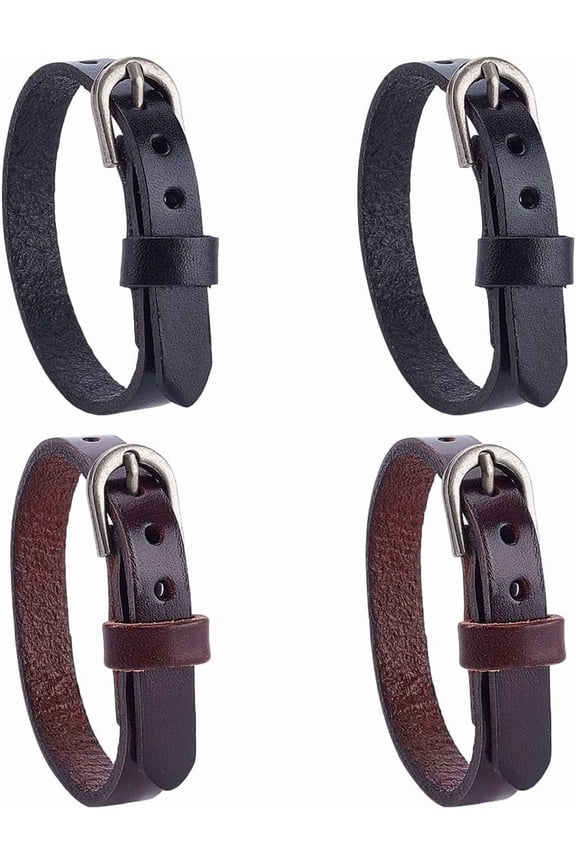 4PCS Genuine Leather Wristband Bracelet Retro Adjustable 2 Colors Simple Alloy Buckle Bangle Cowhide Leather Stirrup Straps Cuff Bracelet Jewelry