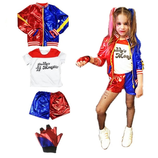 4PCS Girls Harleen Quinzel Costume Set: Joker Jacket, T-shirt, Wig, Bat ...