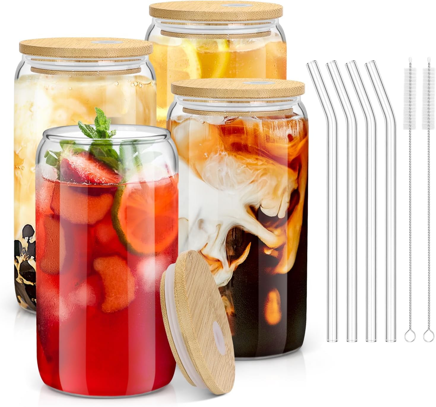 4PCS Glass Cups with Bamboo Lids and Straws, 16OZ Ice , Drinking Cup ...
