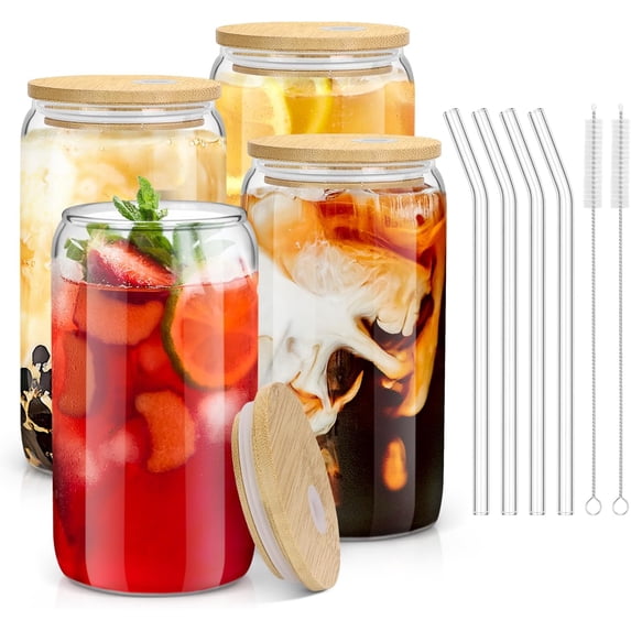 4PCS Glass Cups with Bamboo Lids and Straws, 16OZ Ice , Drinking Cup ...