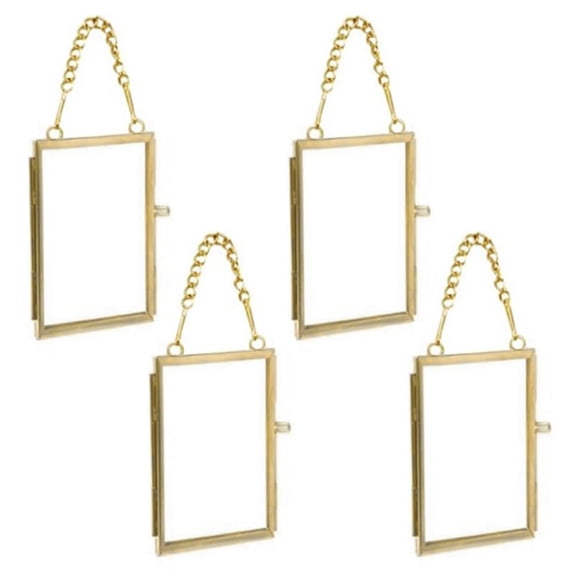 4PCS Glass Frame for Pressed Flowers, 2x3 Inch Brass Hanging Photo Frame Double Glass Frame with Chain DIY Vintage Home Decor