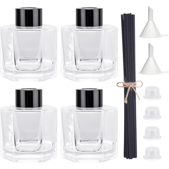 4PCS Glass Reed Diffuser Bottle Empty Diffuser Jars with Black Caps and Sticks Set 100ML 3.52Ounce Fragrance Accessories Use for DIY Essential Oils Home Fragrance