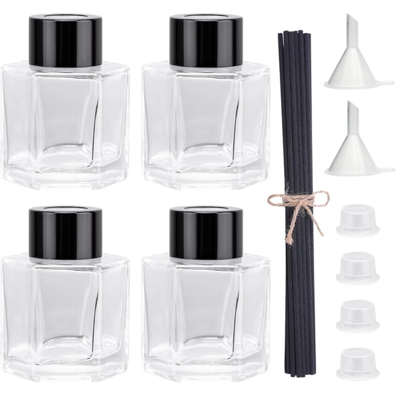 4PCS Glass Reed Diffuser Bottle Empty Diffuser Jars with Black Caps and Sticks Set 50ML 1.76Ounce Fragrance Accessories Use for DIY Essential Oils Home Fragrance