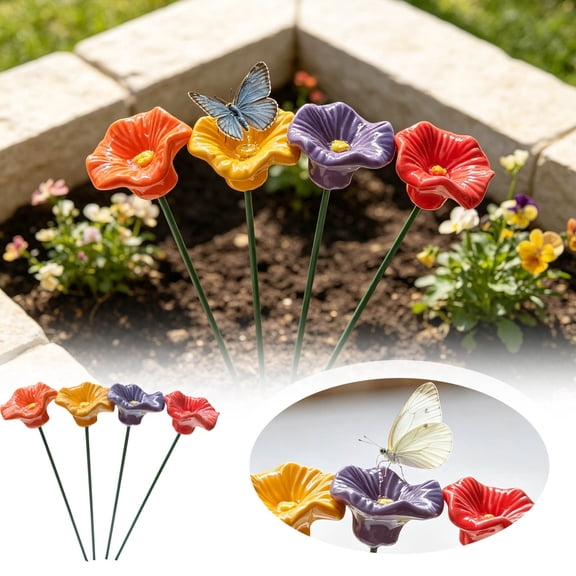 4PCS Glazed Ceramic Poppy Butterfly Bee Water Feeder Stake 24cm, Ceramics Ground Insert Pollinator Drinking Bowl, Weatherproof Colorful Flower Garden Stake for Yard Flower Bed Lawn Decor